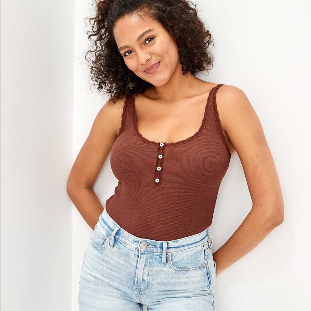 AE American Eagle lace trim button henley bodysuit sz L